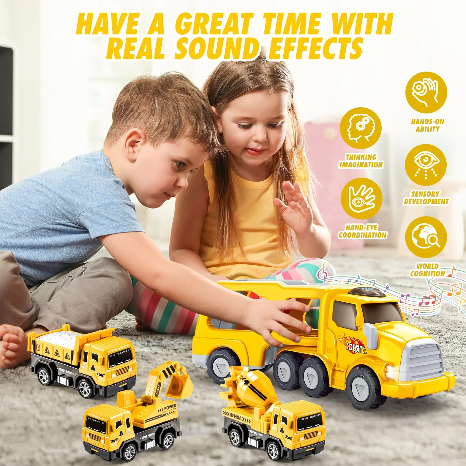 EUCOCO Camion Jouet Enfant 1-6 Ans, Cadeau Garçon, Petite Voiture Jaune