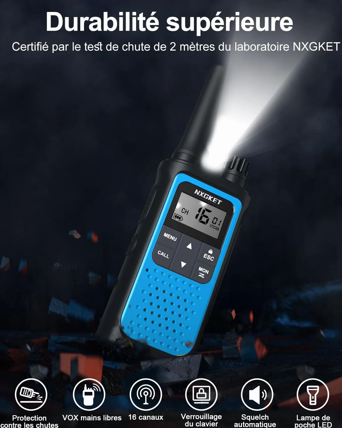 Talkie Walkie Enfants Adultes Longue Portée 5km 16 Canaux Batterie Li-ION Intégrée