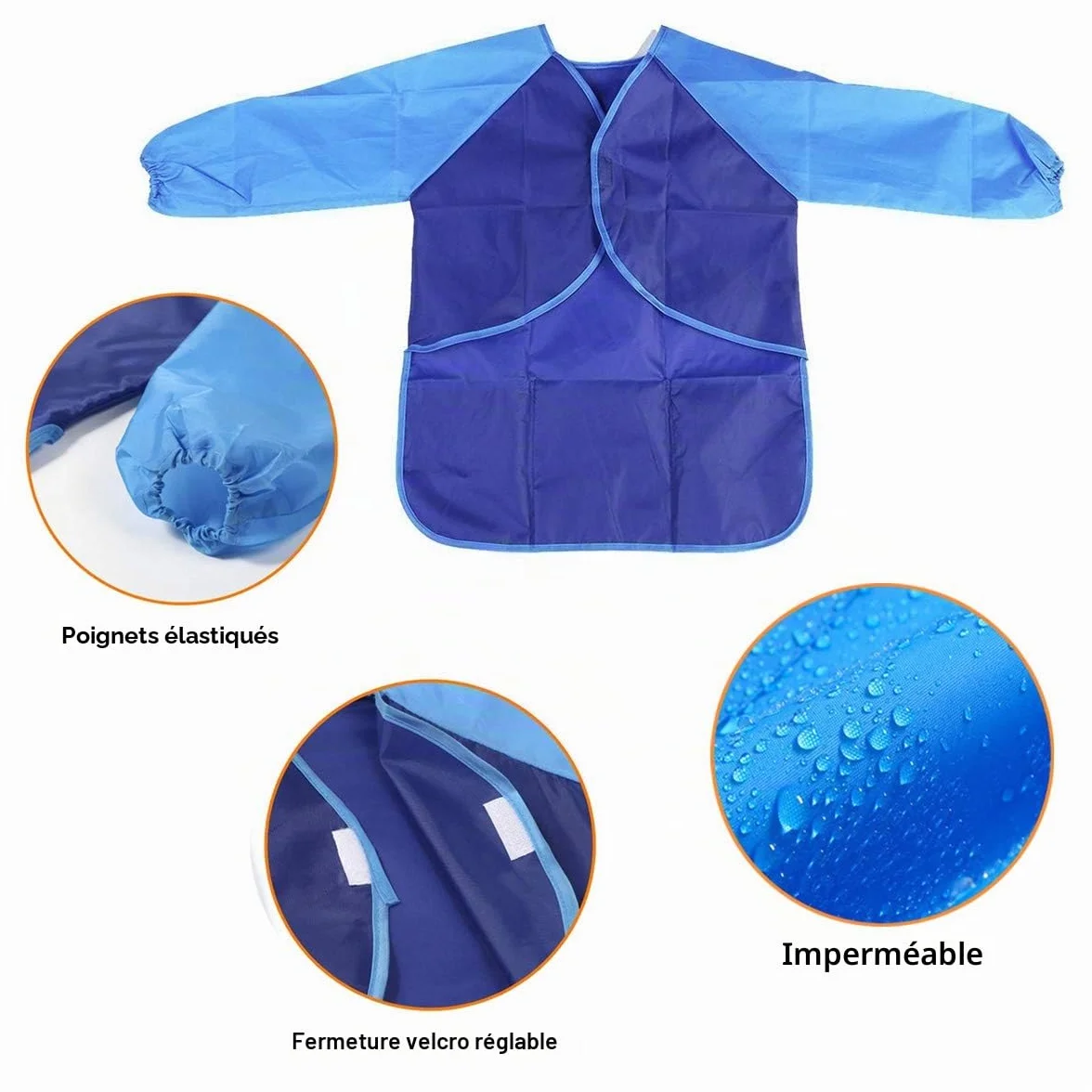 Tablier de Peinture Enfant Imperméable Manches Longues 3 Poches 2 Pièces 3-7 Ans