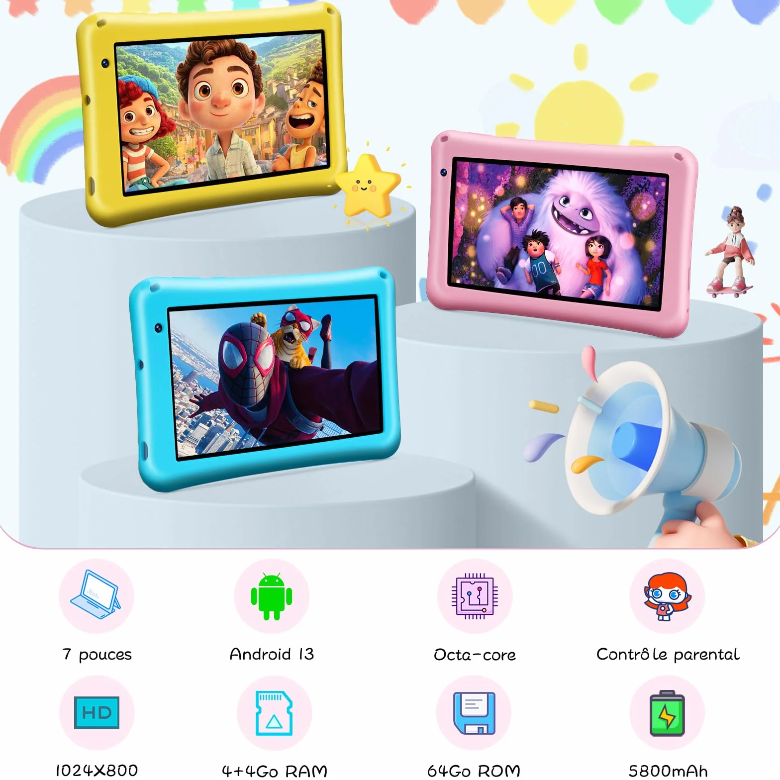 Tablette Enfants 7 pouces, Tablette Android 13, Octa-Core, 8Go+64Go (TF 256GB), Batterie 5800mAh, Caméras 5MP+8MP, Affichage HD, Contrôle parental, Housse protectrice en silicone pour enfants(Rose)