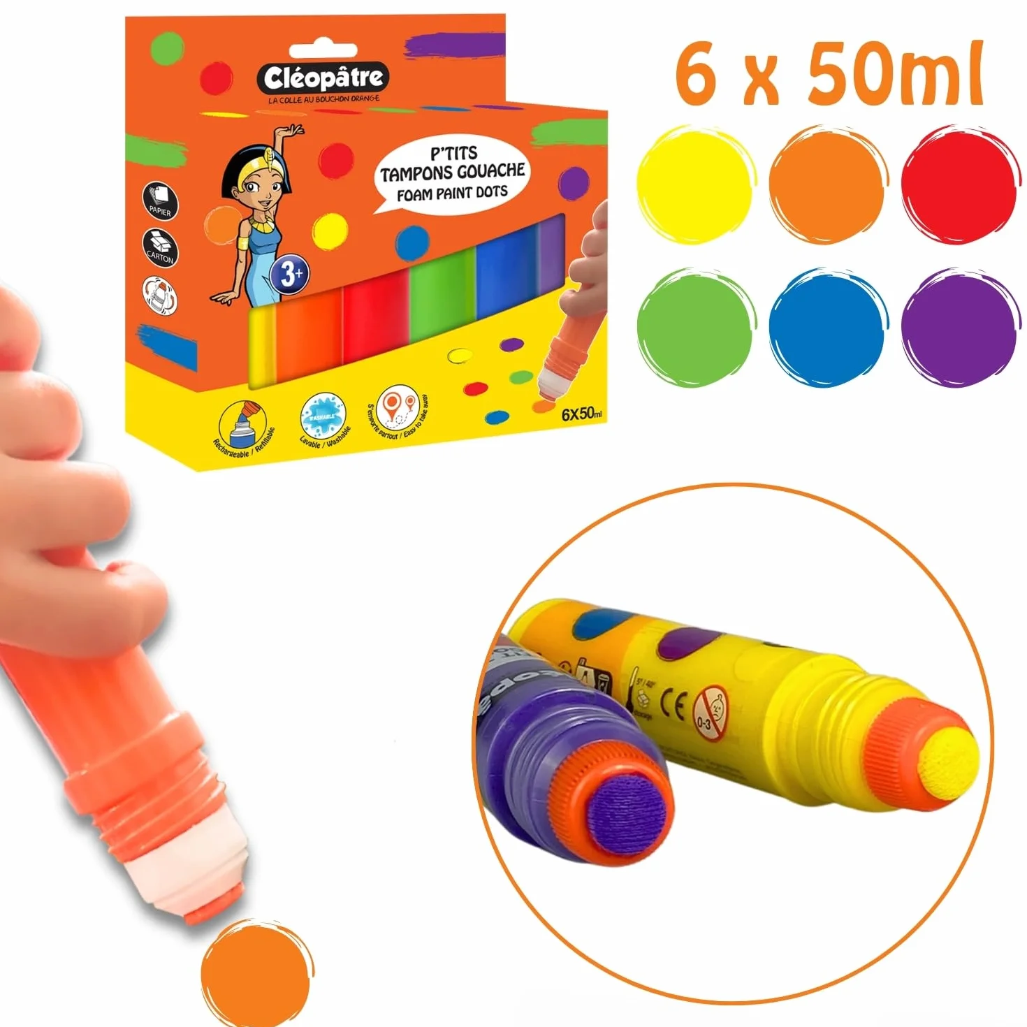 CLEOPATRE Lot de 6 P'tits Tampons de Peinture Gouache 50ml Dot Marker pour Enfant