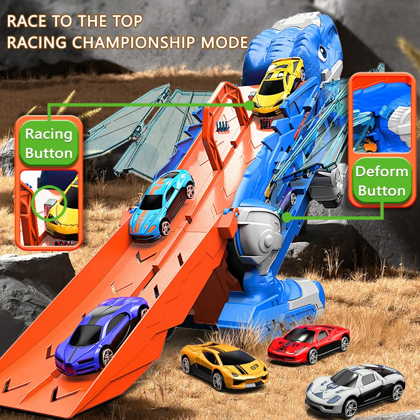 Dinosaure Camion Jouet avec 8 Voitures, Garage Circuit de Course Transporteur Cadeau
