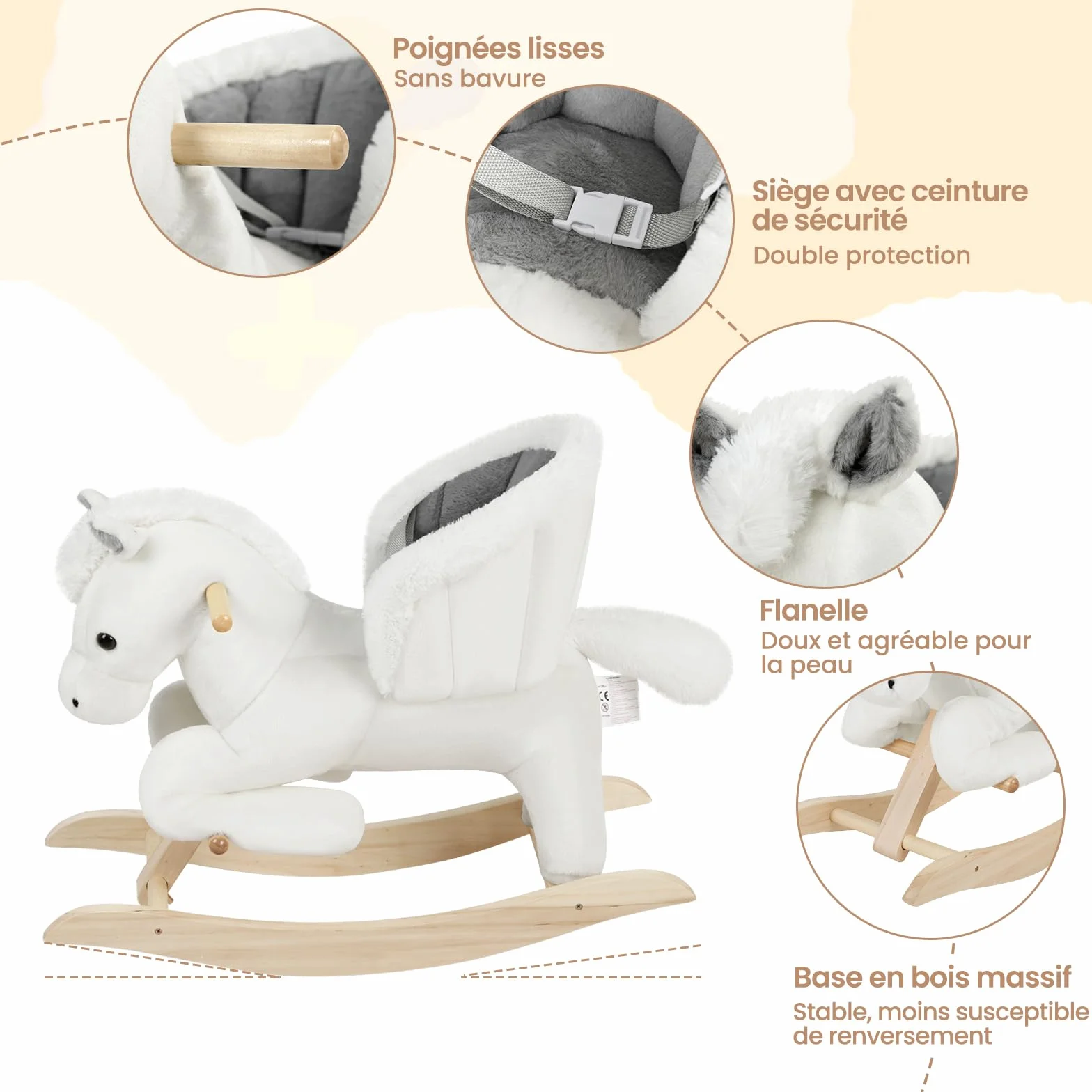 WOLTU Cheval à Bascule en Peluche, Animal à Bascule pour 1-3 Ans, Ceinture de Sécurité Effet Sonore Blanc Gris
