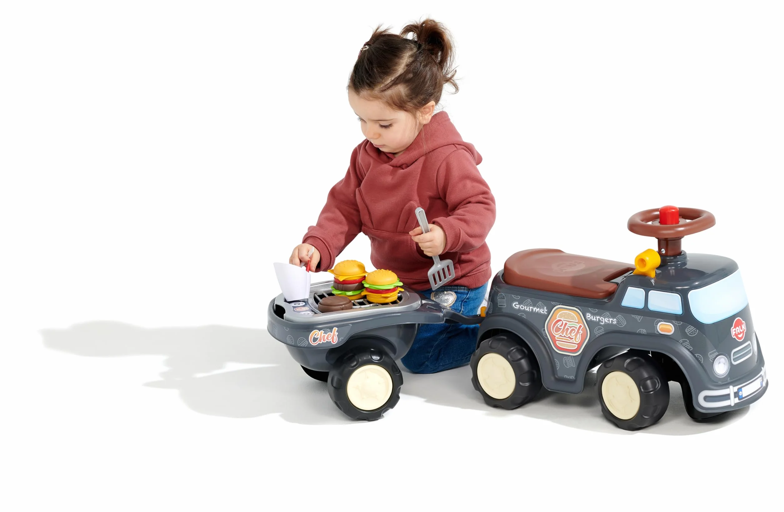Falk Porteur Food Truck Gourmet Burger Gris 707C Volant directionnel avec klaxon Levier à Effet sonore Coffre de Rangement Remorque BBQ Accessoires