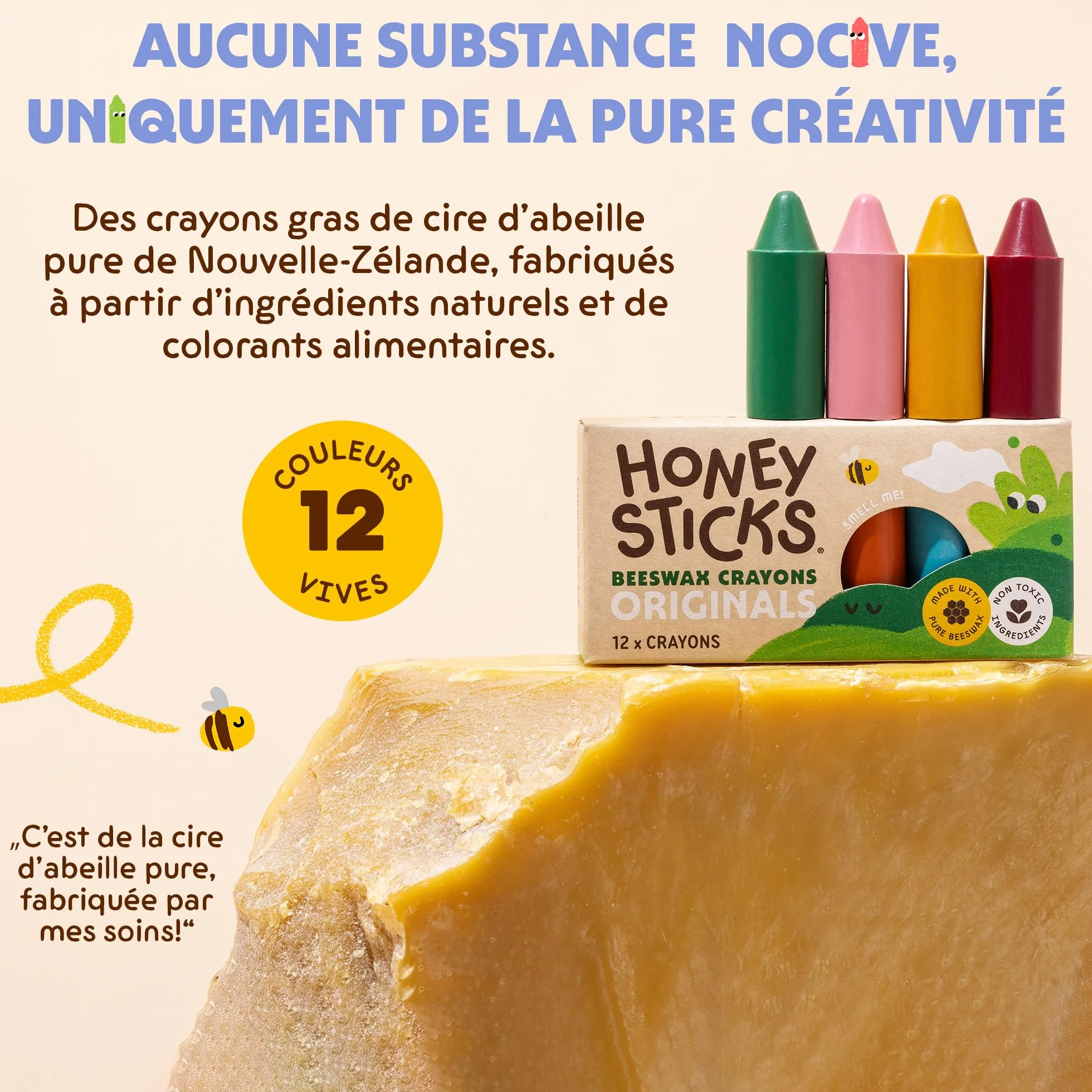 Honeysticks 12 Gros Crayons Pure Cire d'Abeille Non Toxiques pour Tout Petits 1 an+