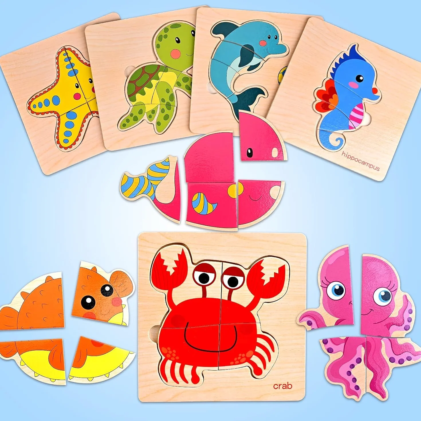 8 Puzzles en Bois Enfant Montessori Cube Animaux Marins Éducatifs 1 2 3 Ans