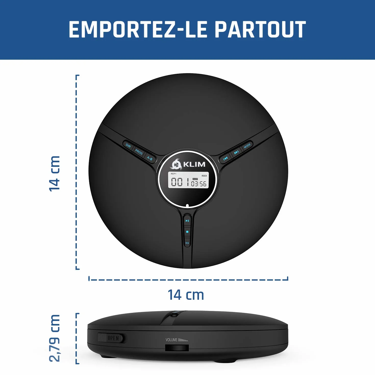 KLIM Discman Lecteur CD Portable avec Batterie Intégrée Écouteurs Fusion Mini Walkman CD Baladeur Compact Compatible CD-R CD-RW MP3 Noir