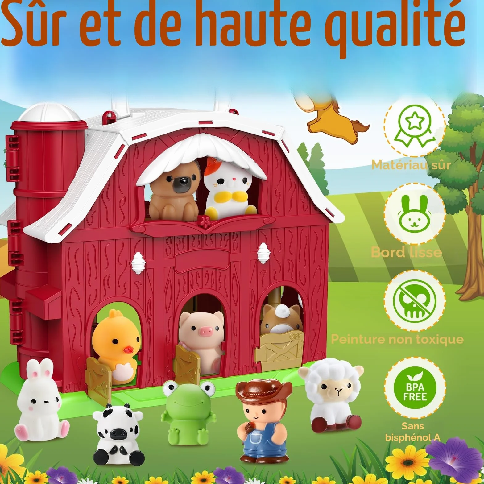 Jouet Ferme Montessori pour Bébé 1-4 Ans, Grange Dépliable avec 9 Animaux & Fermier - Jeux Éducatif Portable