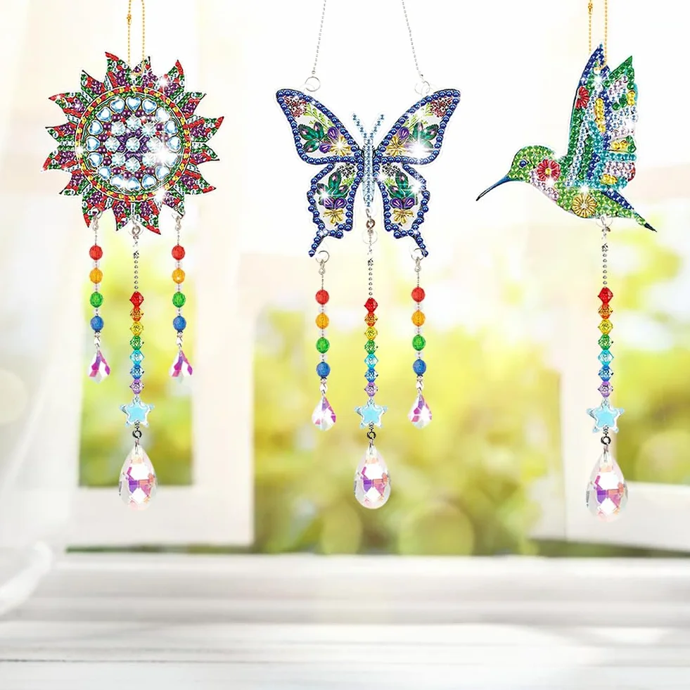 Aolso Carillon à Vent en Cristal 5D Diamant Peinture 3 Pièces DIY Strass Double Face Papillon