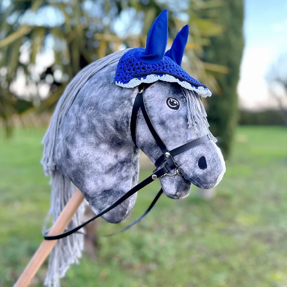 Hobby Horse Gris pommelé avec bridon licol moumoute longe bonnet Bleu Cheval bâton Accessoires