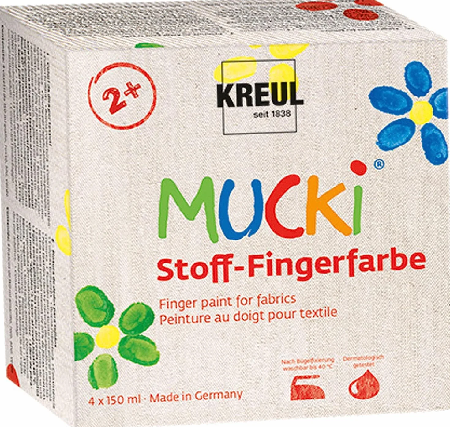 KREUL 28400 Mucki Peinture Doigts Textile 4 x 150 ml jaune rouge vert bleu