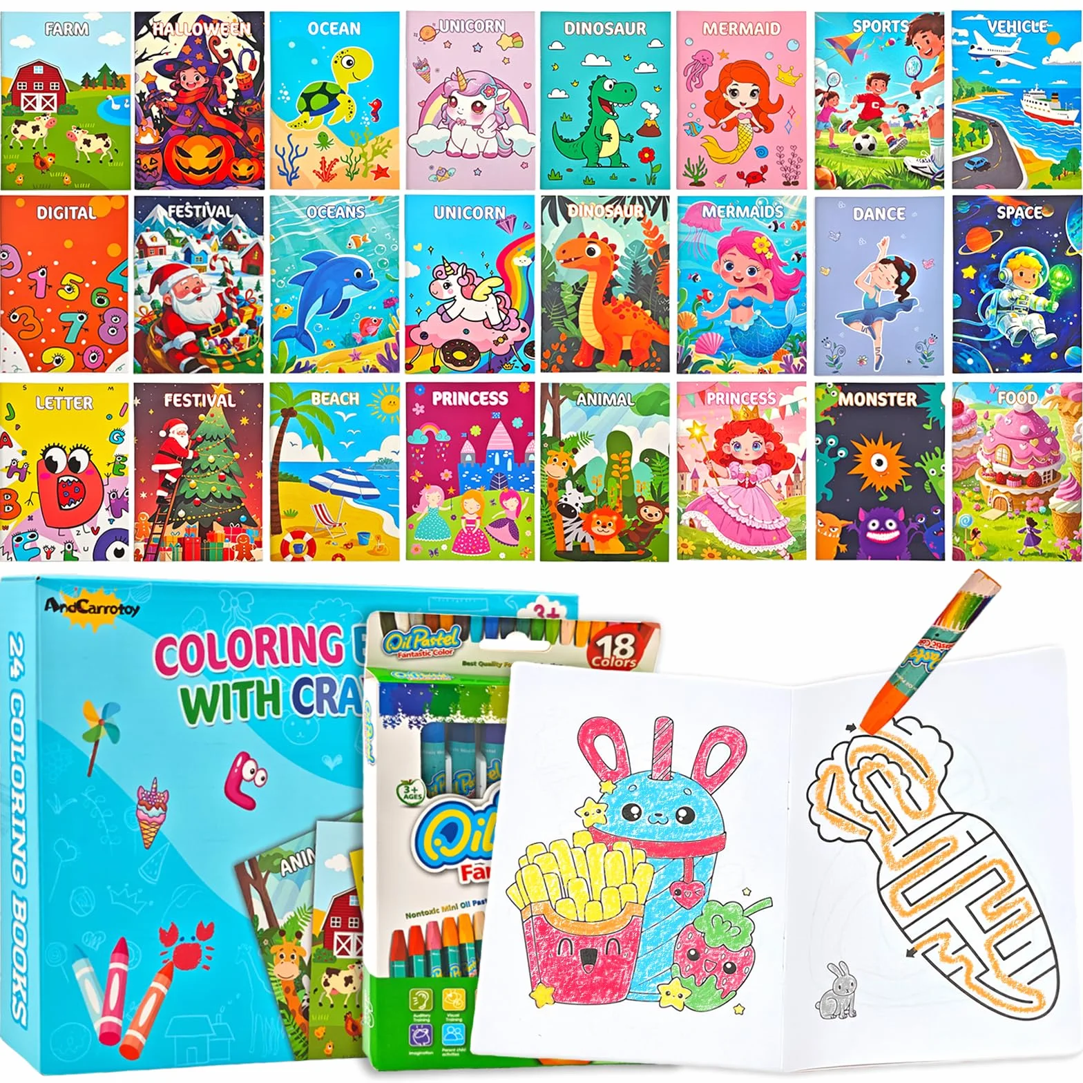 Mini Livre Coloriage pour Enfants 3-9 Ans - Cahier avec 18 Crayons de Couleurs, 24 Styles Activités DIY Dessin Feutres Cadeau Anniversaire