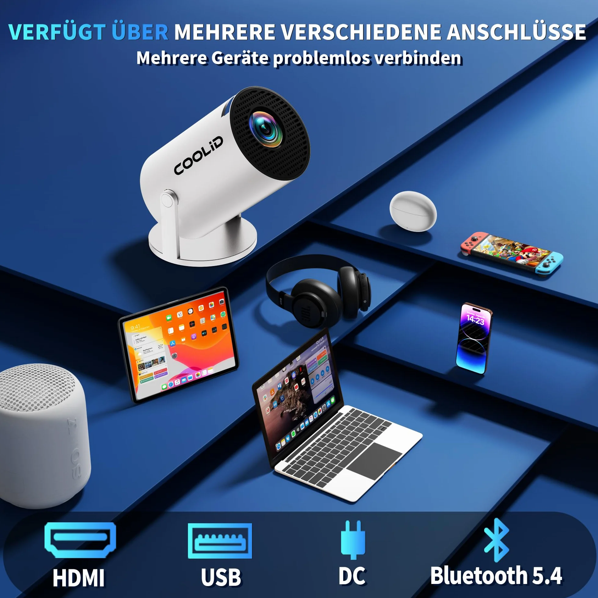 Mini Vidéoprojecteur 4K 1080P 5G WiFi 6 BT 5.2 Rotation 180° Portable HDMI TV Stick Blanc