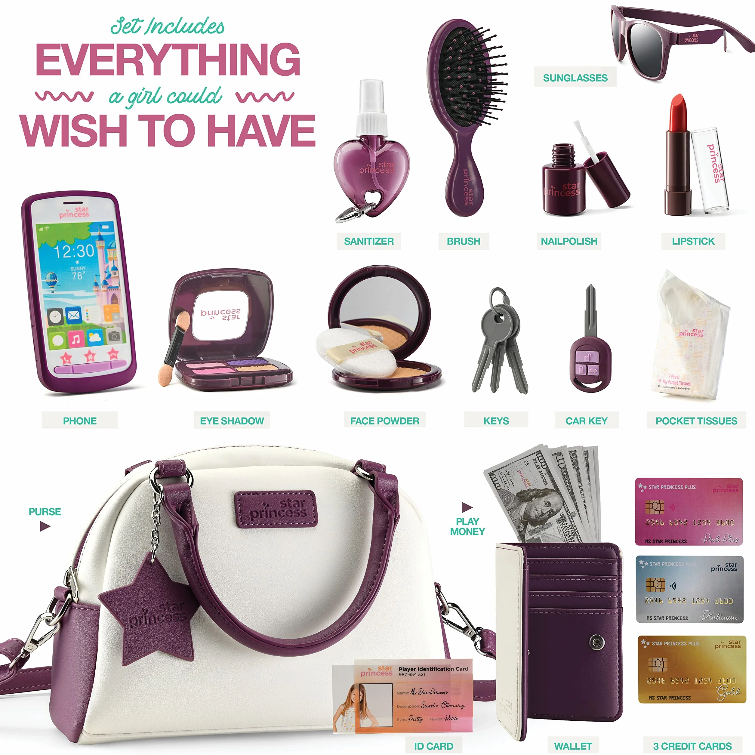 Sac à Main pour Tout-Petits Filles avec Accessoires - Mon Premier Sac à Main Comprend Un Sac à Main, Un téléphone, Un Portefeuille, Trousse de Maquillage et Jouets de Simulation pour Enfants