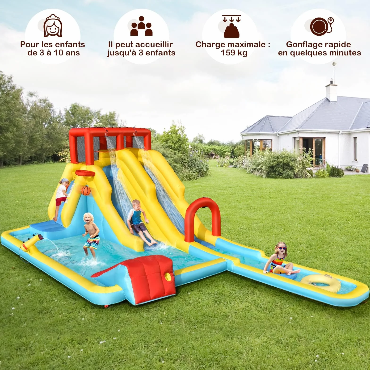 COSTWAY Château Gonflable 8 en 1 avec Double Toboggan & Souffleur 680W, Aire de Jeux Gonflable pour Enfants 3-10 Ans