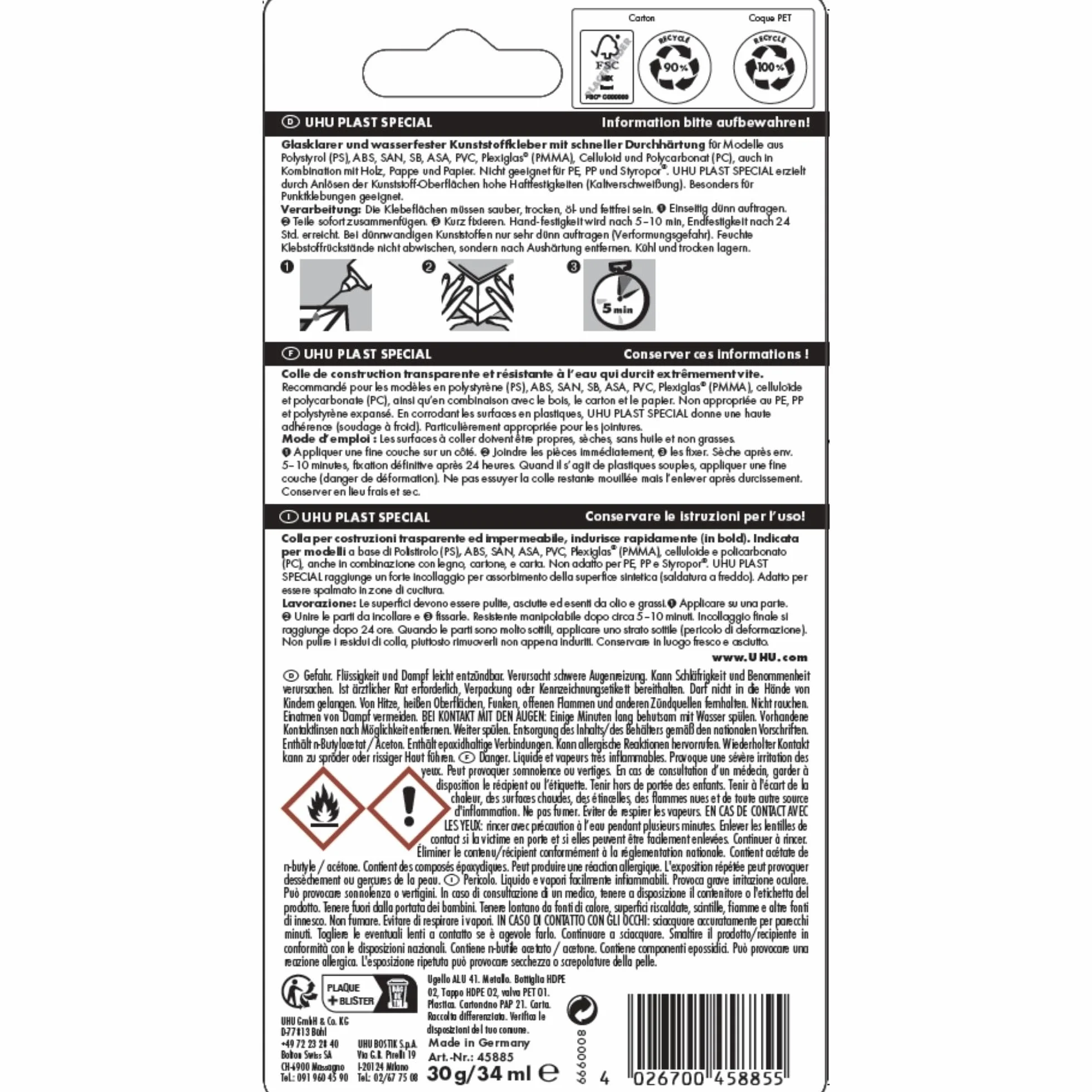 UHU Plast Spécial Colle Plastique Maquette Modélisme Haute Précision Embout Aiguille Séchage Rapide Transparente 34 ml