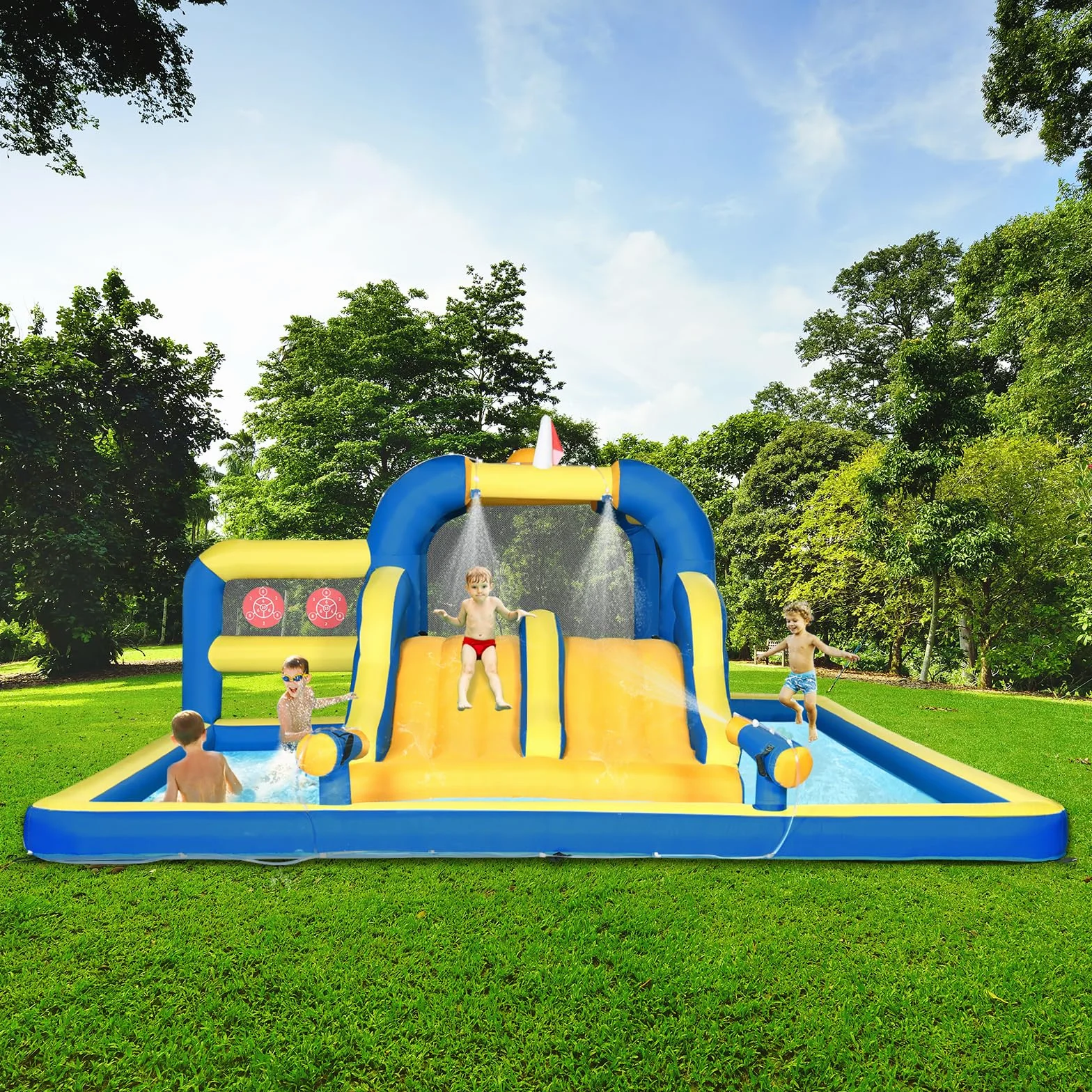 LEADZM Château Gonflable pour Enfants avec Double Toboggan, Zone de Saut, 470x472x260 cm, 150 kg