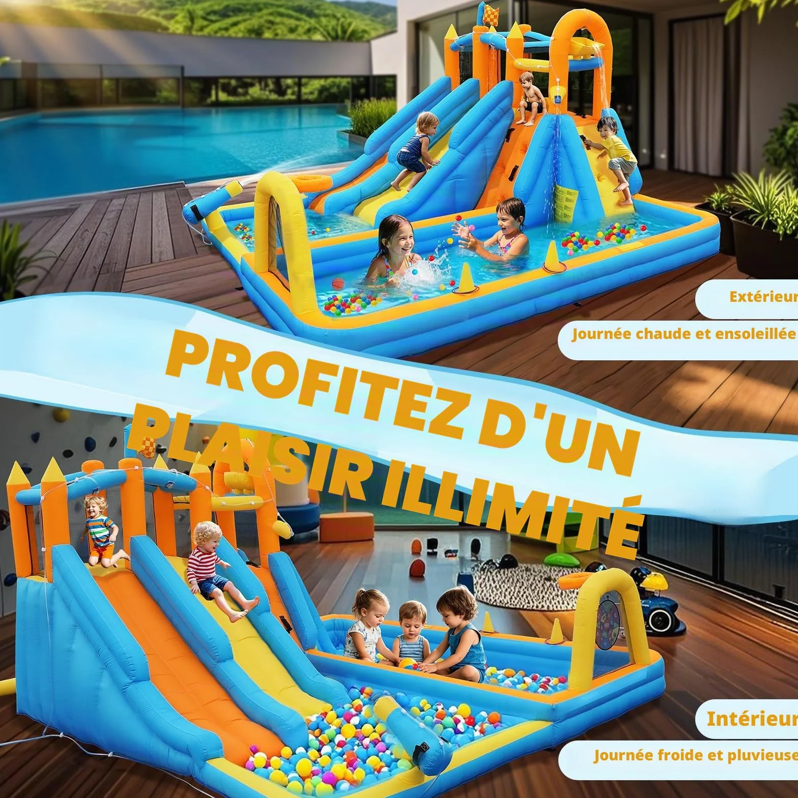 FOOING Château Aquatique Gonflable avec 2 Toboggans, Mur d'escalade, Panier de Basket et Filet de Sécurité pour Enfants