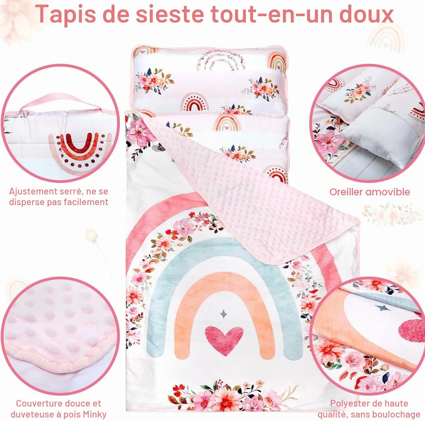 Hooyax Tapis de Sieste pour Enfants avec Oreiller Amovible et Couverture Douce, 58,2 x 130 cm