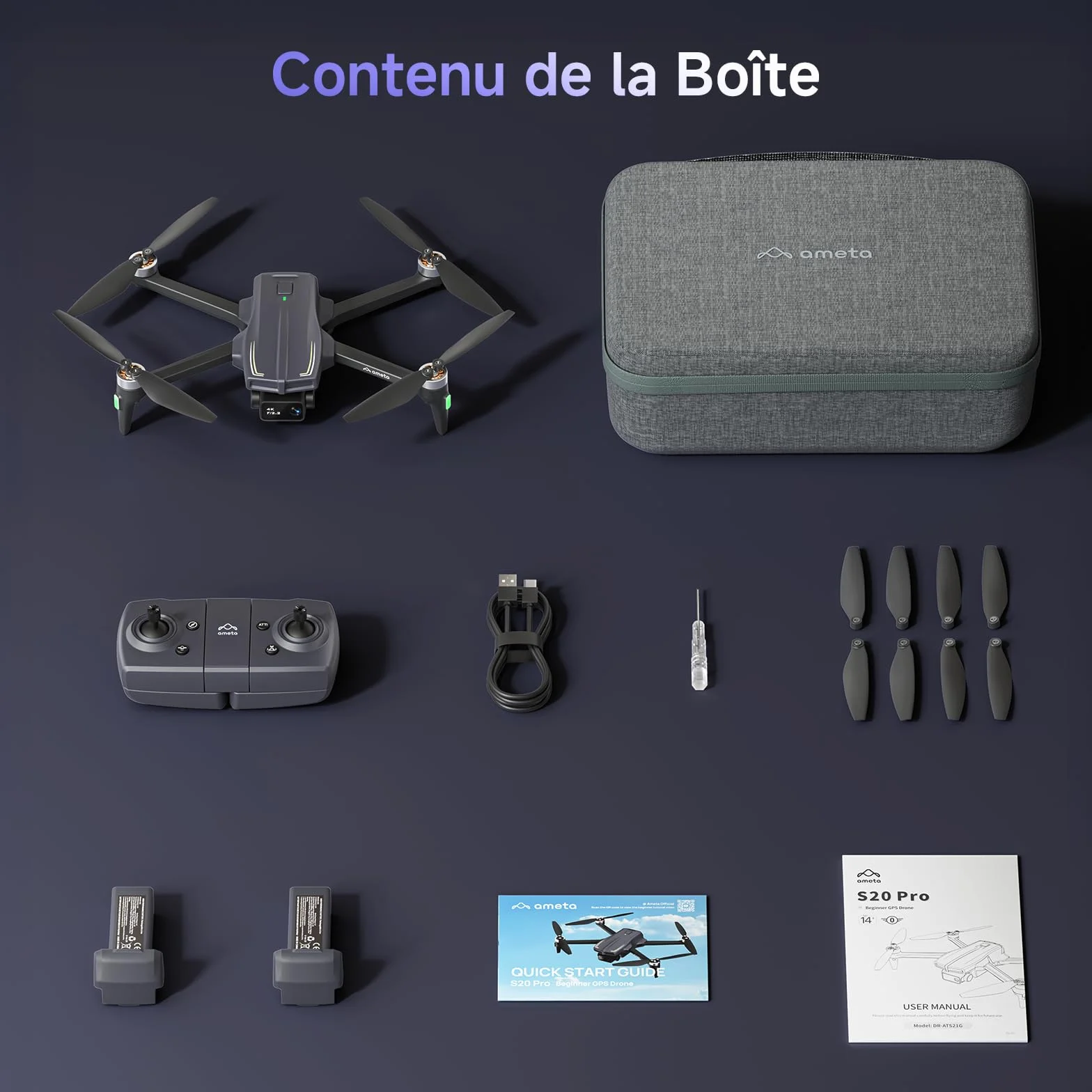 Ameta Drone avec Camera 4K, GPS Drone S20 Pro pour Adultes et Enfants avec Retour Automatique/ 50min de Vol/Suiveur/Mode Intelligent/Contrôle par Gestes, FPV Mini Drone Moins de 249g