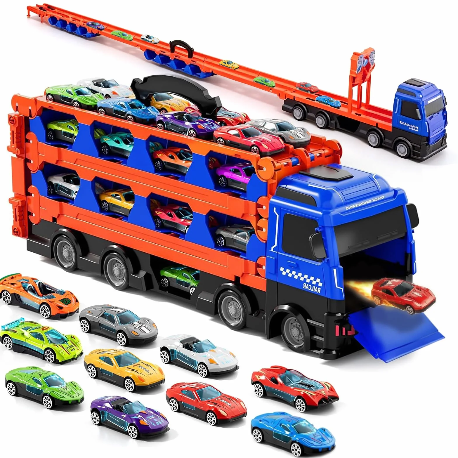 Camion Transporteur Voiture avec 24 Petites Voitures Jouets Pliable pour Garçons 3-7 Ans
