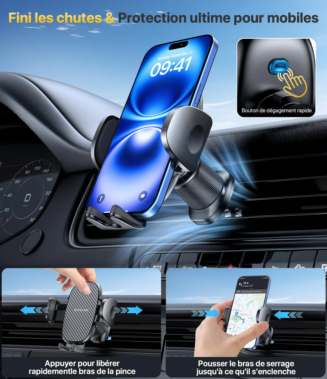 Miracase Support Téléphone Voiture Crochet Métallique Fort Bouche D'aération Rotation 360° Opération à Une Main 4.0''-7.0''