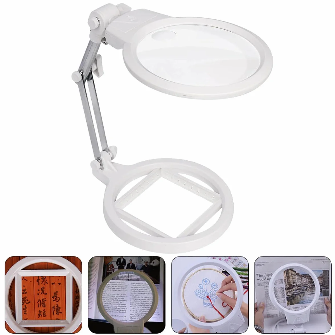 Lampe Loupe sur Pied en Métal Pliable avec Éclairage LED Double Intensité Grossissement 25X et 5X Base avec Échelle Intégrée