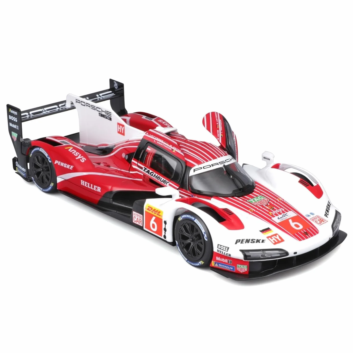 Bburago Porsche Penske 963#6 Voiture Diecast 1:24 Réplique Rouge Blanc Portes Ouvrables