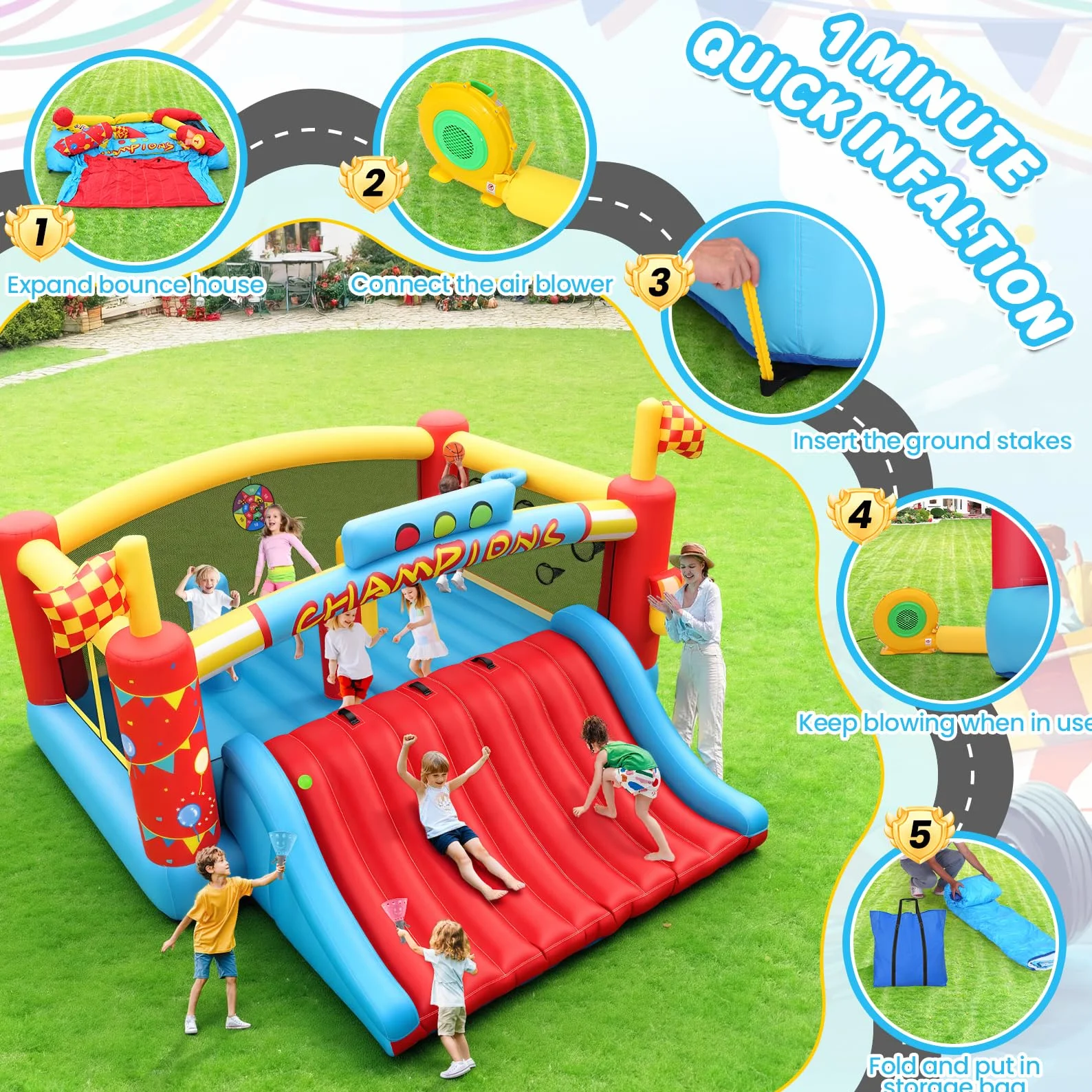 AKEYDIY Grande Château Gonflable pour Enfants avec Toboggan et Souffleur