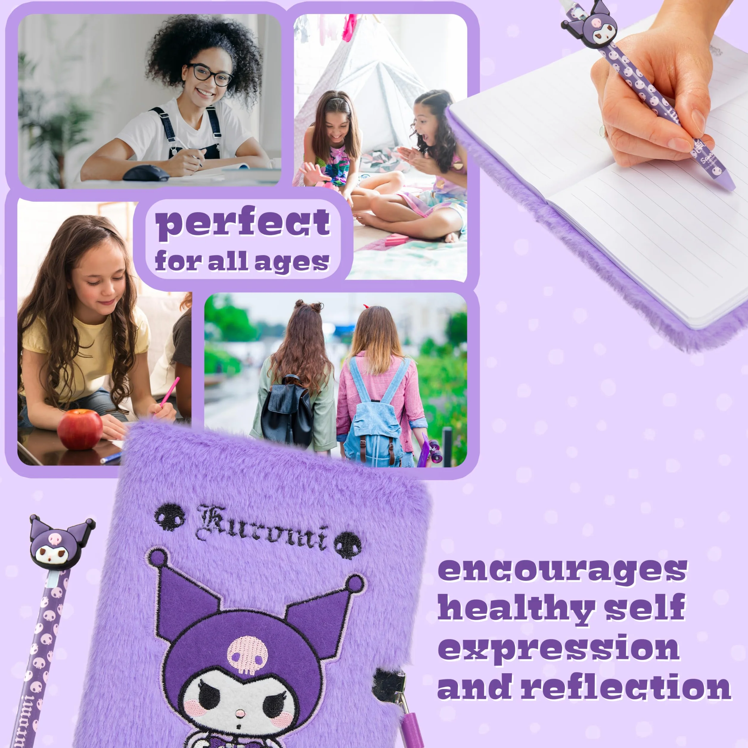 Hello Kitty Carnet Secret avec Cadenas et Stylo Kuromi Journal Intime Cadenas Stylo Bille Peluche Papeterie Kawaii Fourniture Scolaire Violet