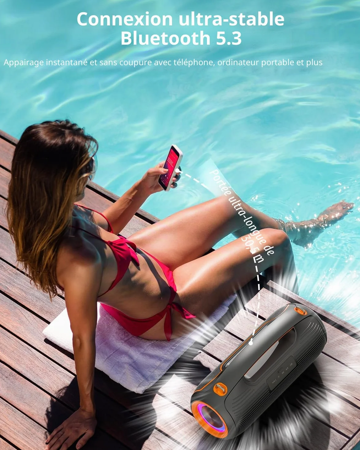 Enceinte Bluetooth Portable 200W crête 2 Subwoofers Basses Renforcées DSP TWS Autonomie 24h IP65 Étanche Extérieur