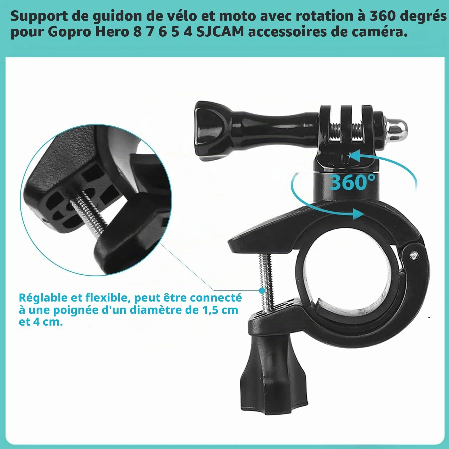 Support Universel pour Caméra d'action sur Guidon Vélo/Moto, Fixation Stable avec Clip Anti-Vibration pour Go Pro & Caméras Sport
