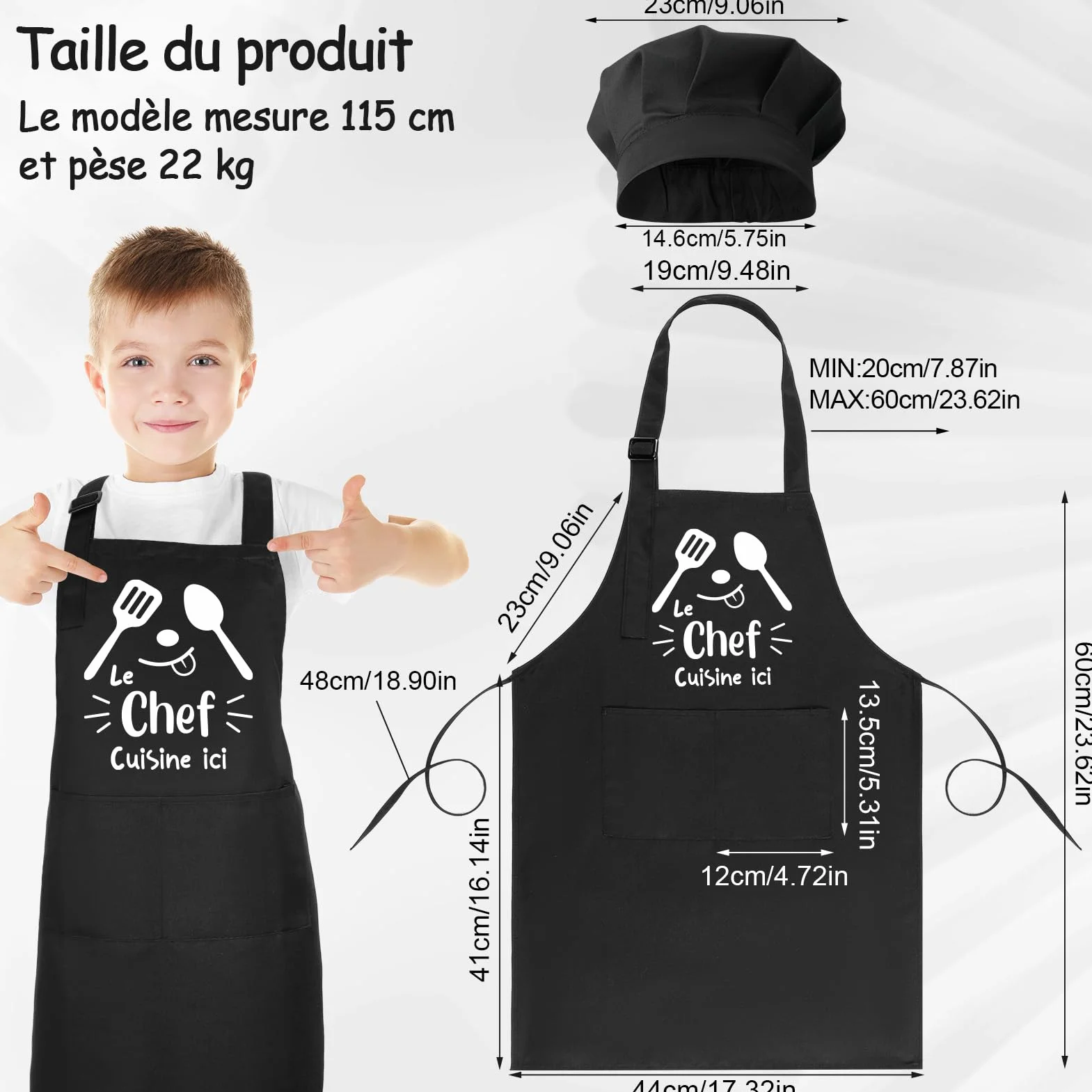 Tablier Enfant et Chapeau de Chef Réglables avec Poche pour Cuisine et Pâtisserie