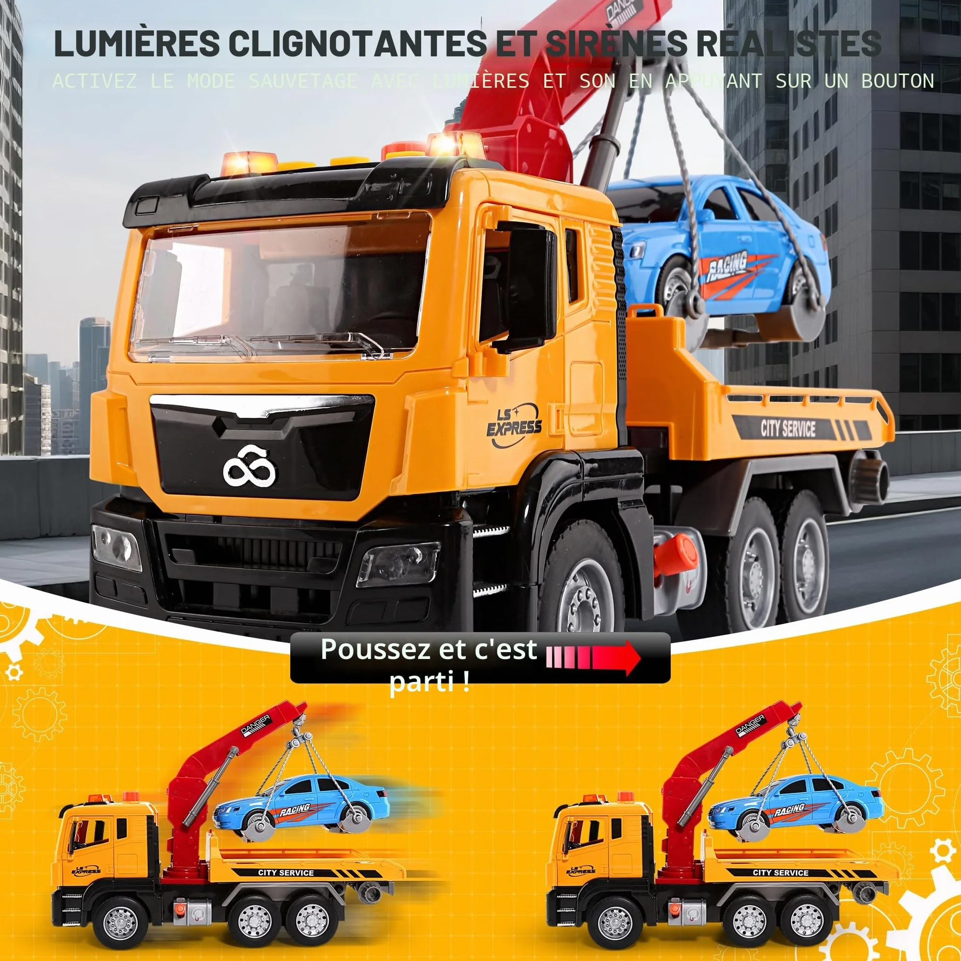 BunnyJOY Camion Dépanneuse avec Grue Jouet Enfants 3-6 Ans Lumière Sons