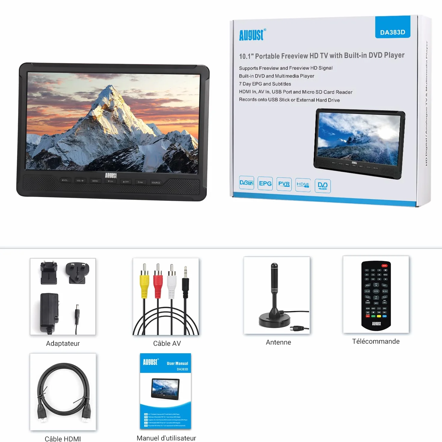 August DA383 TV Portable 10" avec Lecteur DVD Intégré, Enregistrement TV TNT HD DVB-T2, Batterie Rechargeable, CD/DVD/USB/SD, HDMI, AV