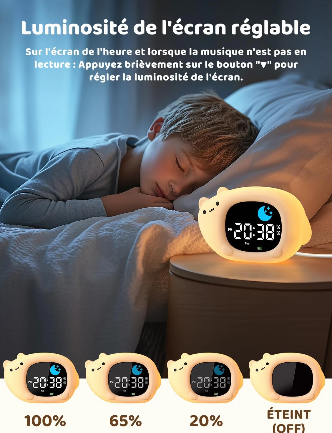 YISSVIC Réveil Enfant Educatif Jour Nuit 2 Alarme 12/24 Heure Snooze Luminosité Réglable 7 Couleurs 10 Chansons Chat