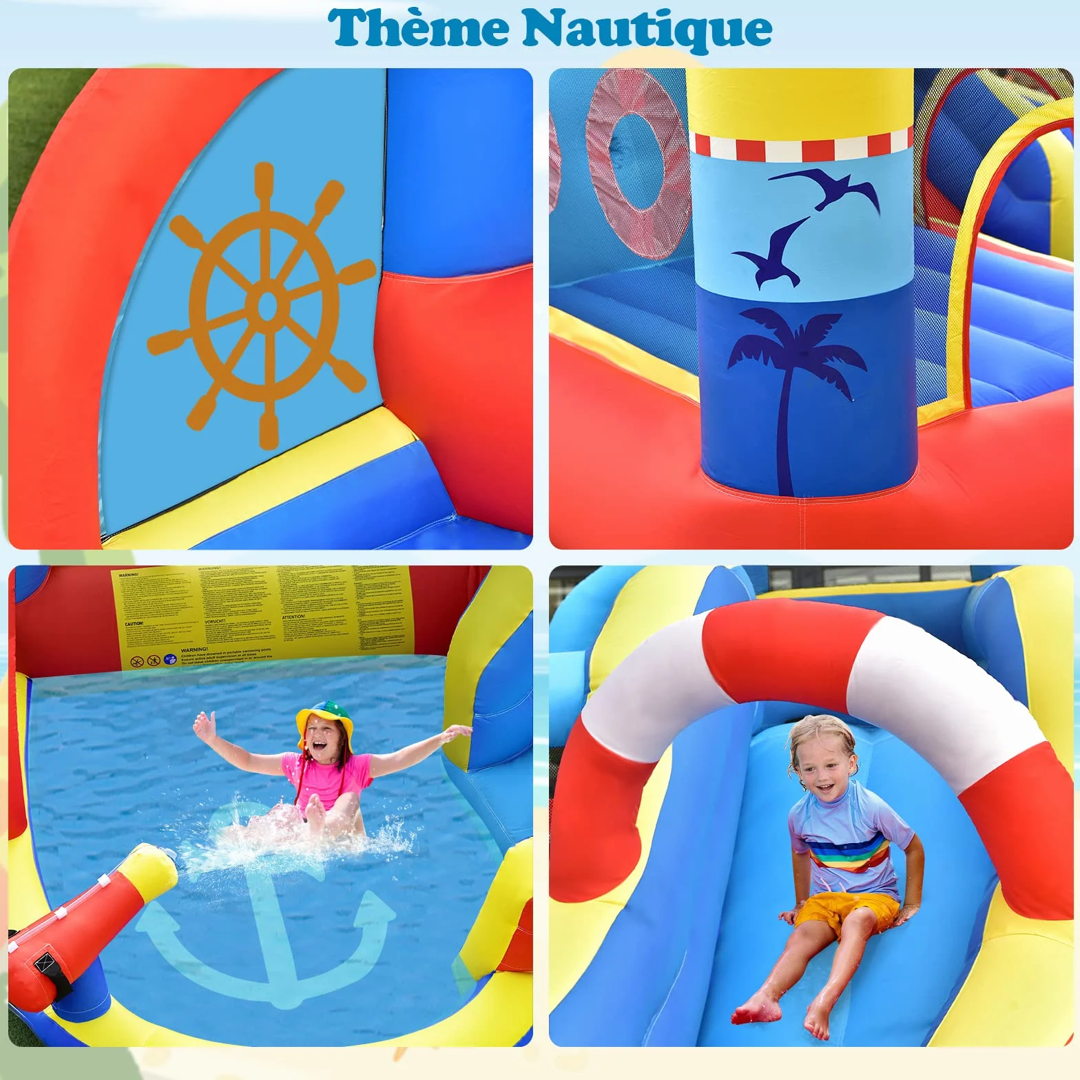 GOPLUS Château Gonflable Pirate avec Toboggan Pistolet à Eau Trampoline Aire de Jeux Gonflable Piscine Mur d'escalade pour Enfants 3-12 Ans 120KG Souffleur 450W