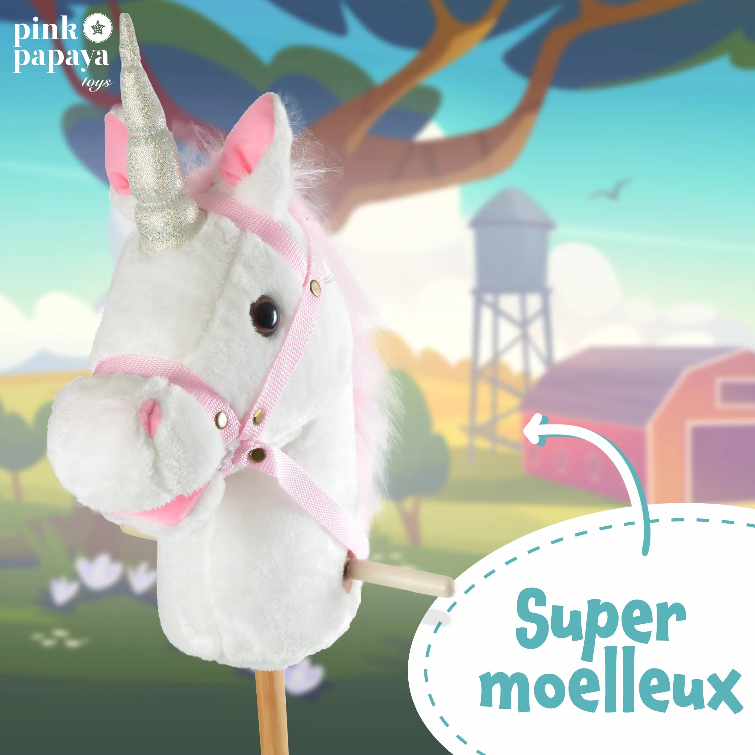 Pink Papaya Cheval bâton Hobby Horse avec tête de Cheval en Peluche Effet sonore hennissement Galop