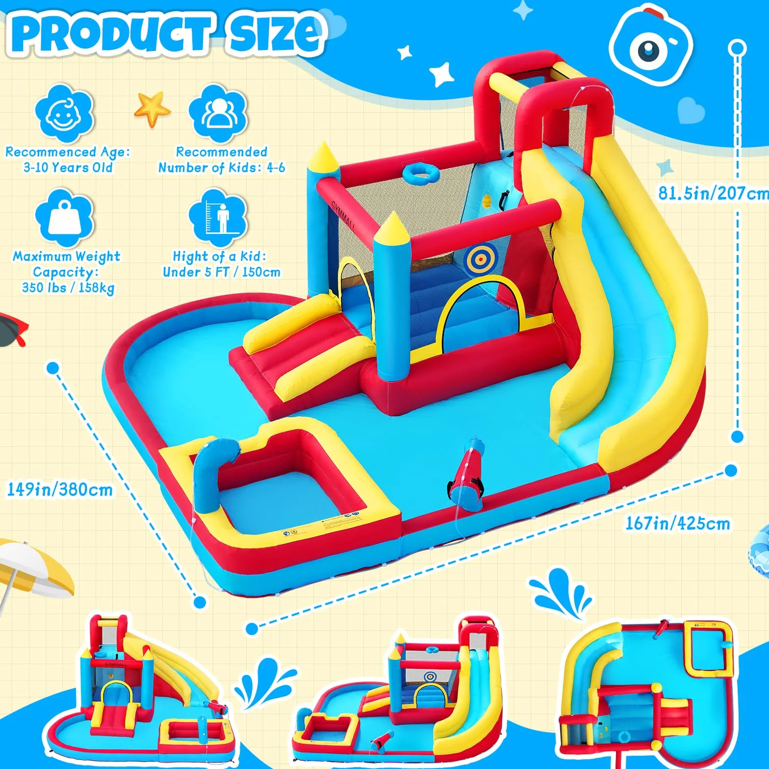Château Gonflable pour Enfants 8-en-1 avec Souffleur 480W, Toboggan, Mur d'escalade, Trampoline et Pataugeoire