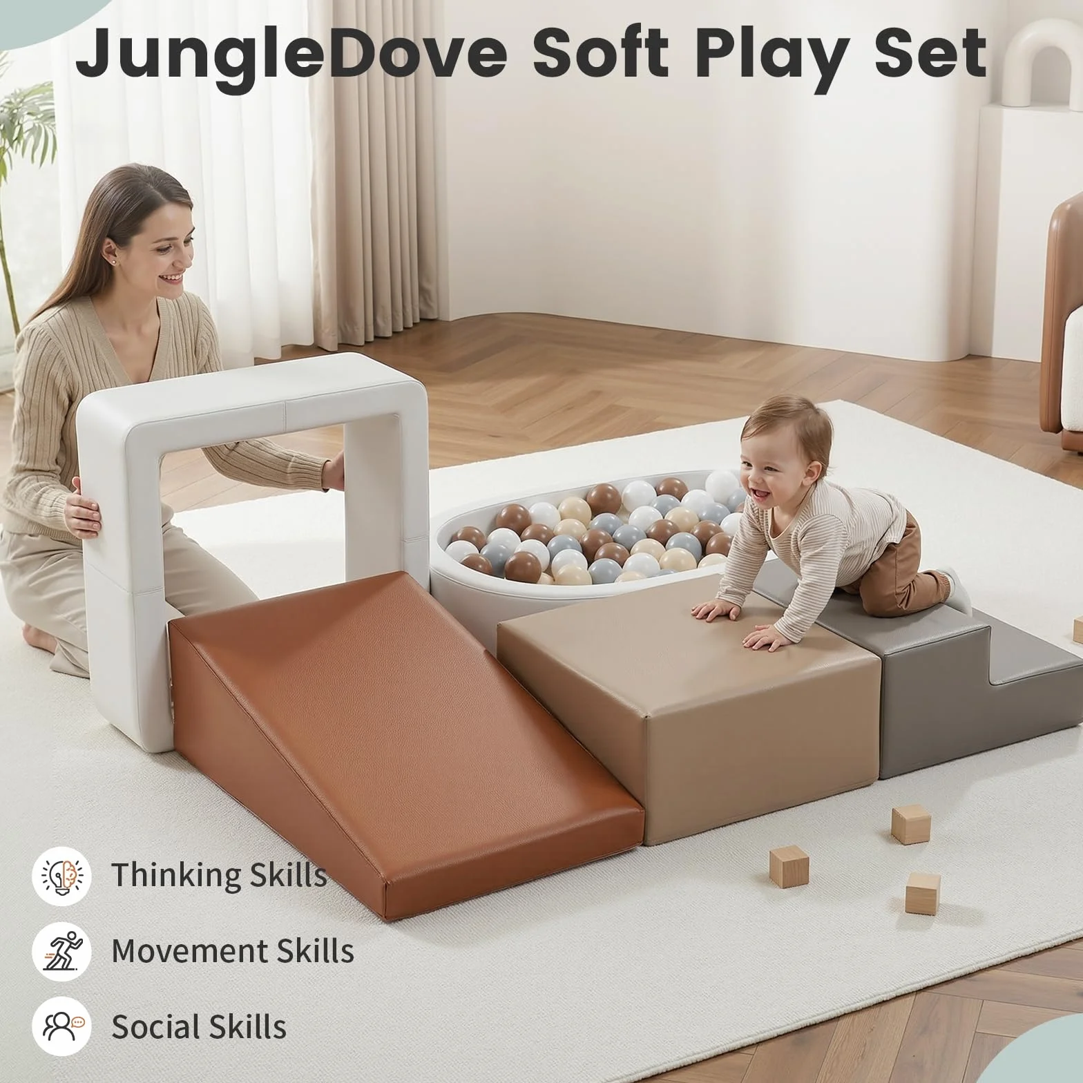 Parcours Motricité Bébé 5 Pièces Cuir PU Blocs Mousse Éducatifs avec Piscine à Balles Structure d'escalade Antidérapante