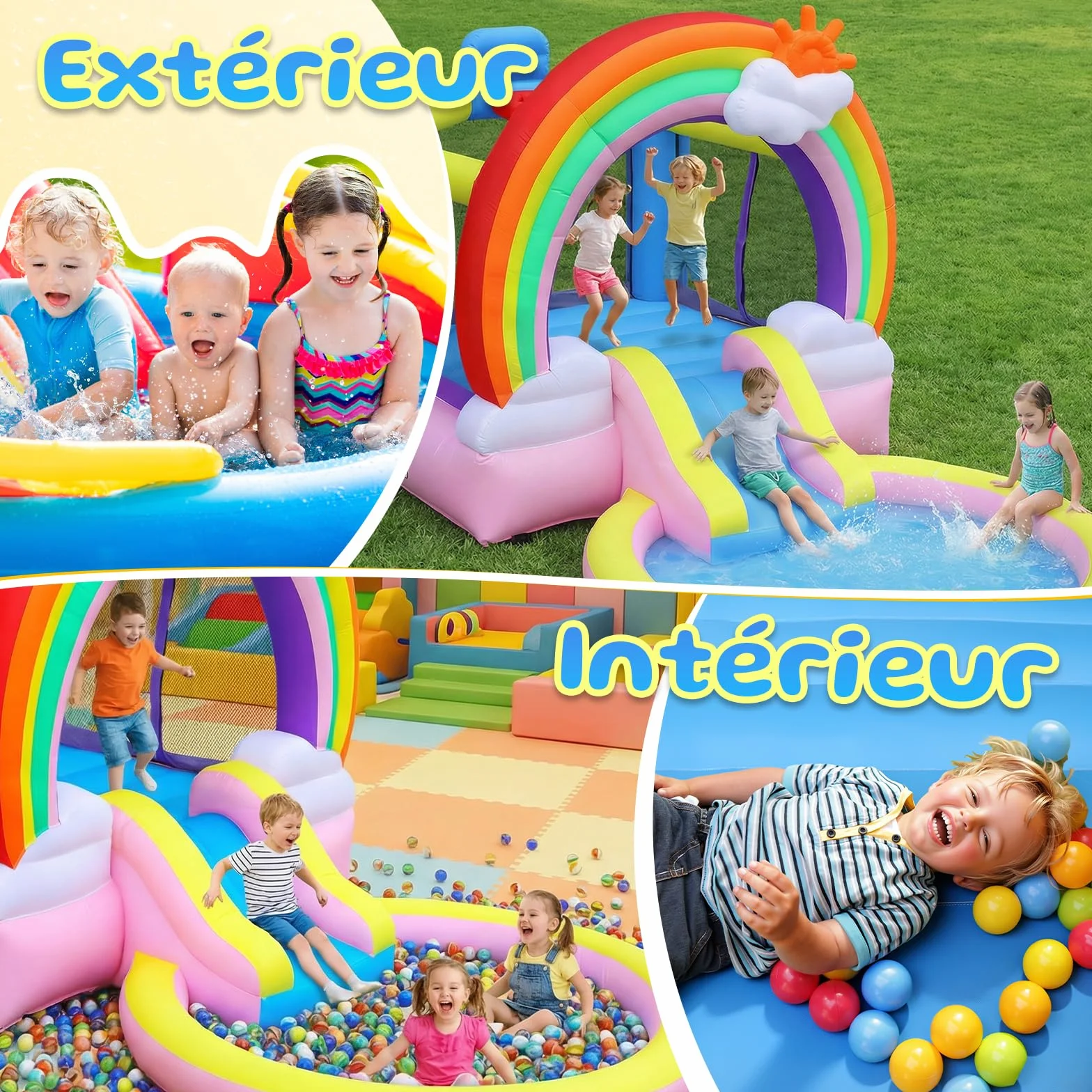 Bonnlo Chateau Gonflable avec Piscine à Balles, Toboggan Aquatique et Trampoline pour Enfant, Thème Arc-en-Ciel