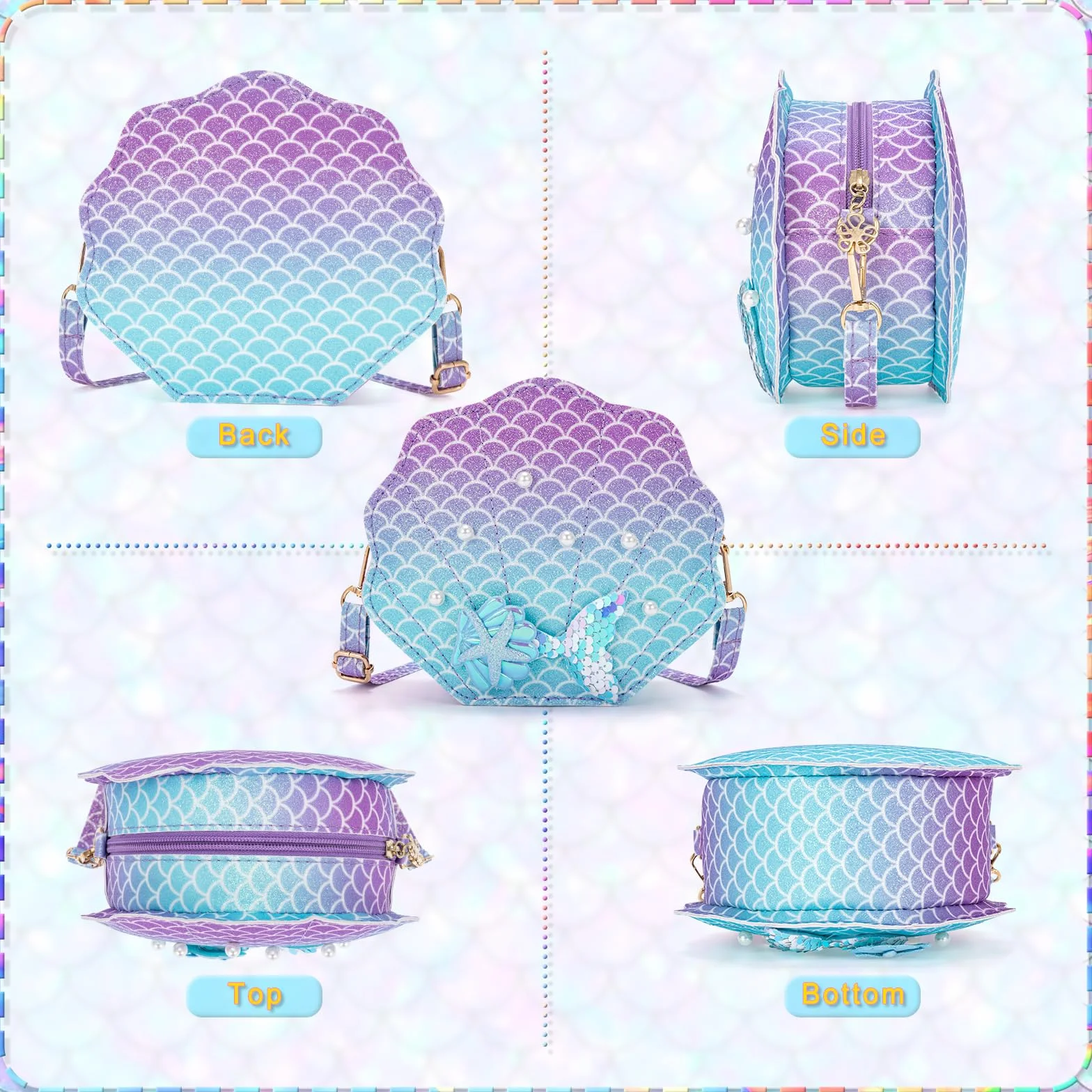 Sirènes Sac à Main Bijoux Enfants Fille, Coquillage Sac Bandoulière Princesse Set Collier Bracelet Bague Boucles d'oreilles