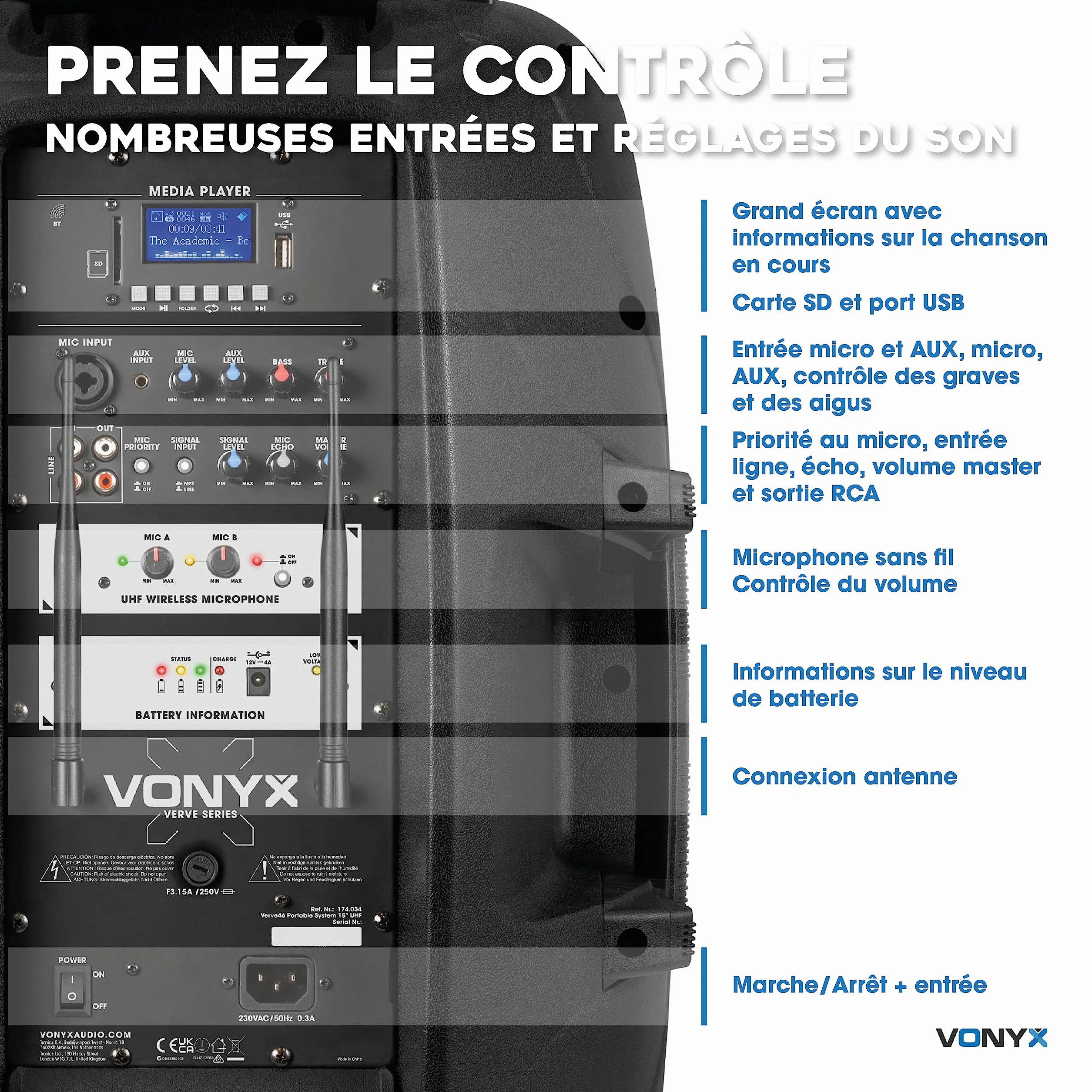Vonyx Verve46 Enceinte Sono Portable 1000W Bluetooth 2 Micros UHF