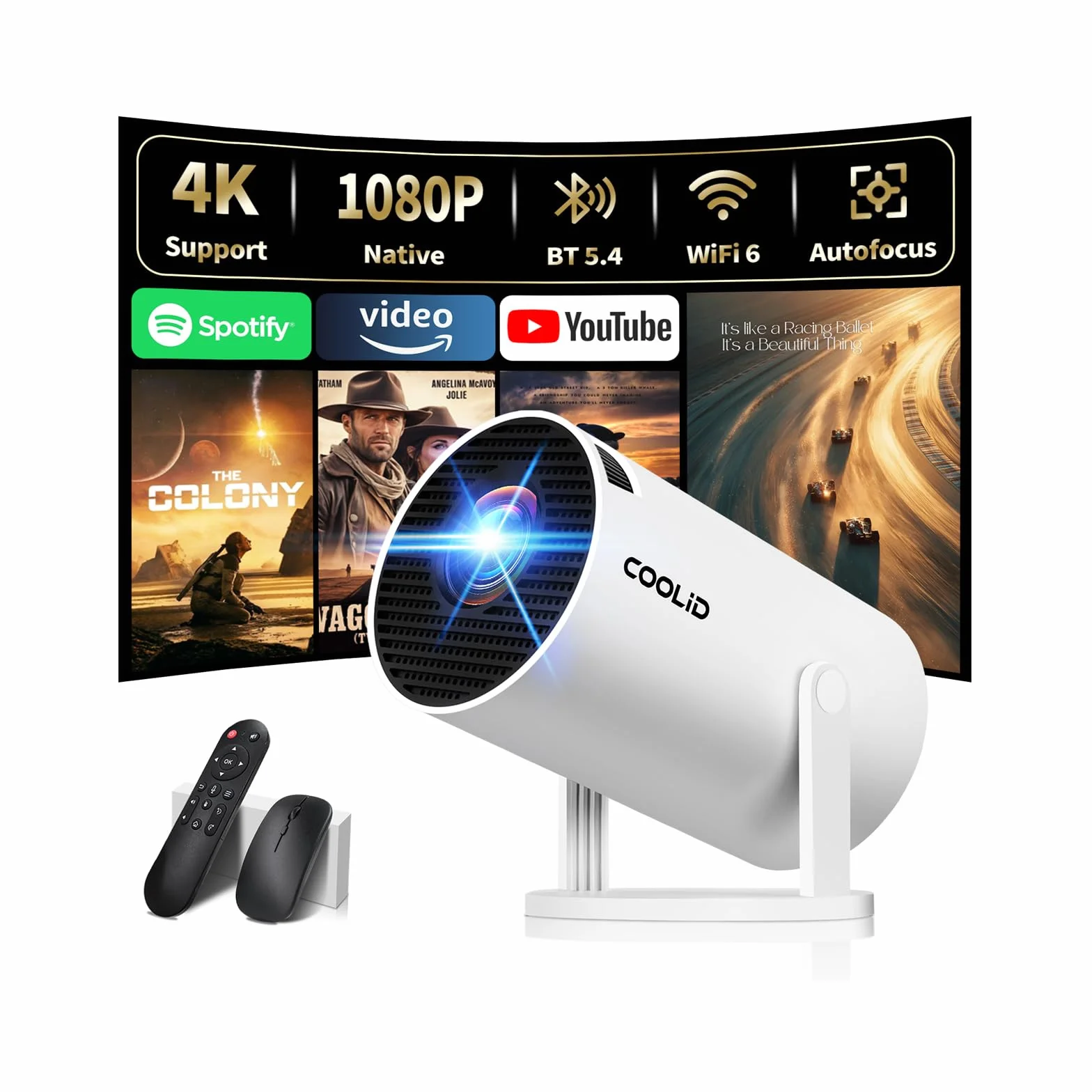 Mini Vidéoprojecteur 4K 1080P 5G WiFi 6 BT 5.2 Rotation 180° Portable HDMI TV Stick Blanc