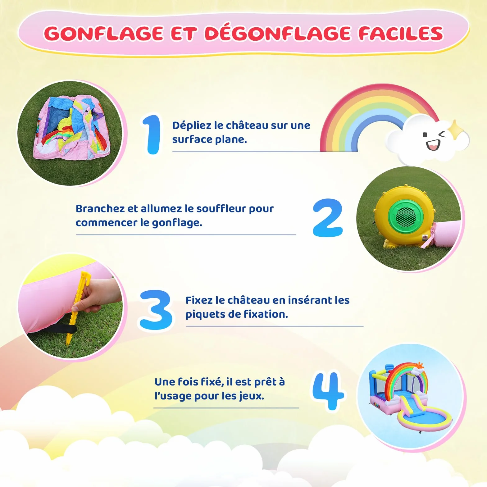Bonnlo Chateau Gonflable avec Piscine à Balles, Toboggan Aquatique et Trampoline pour Enfant, Thème Arc-en-Ciel