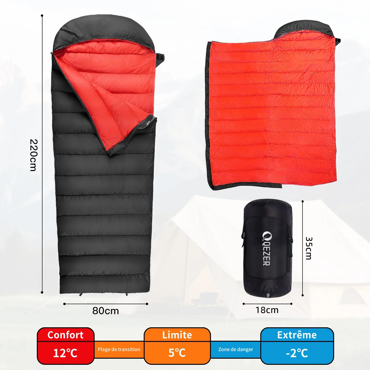 Sac de Couchage QEZER en Duvet 620FP 0°C Ultraléger Grand Froid pour Randonnée Camping
