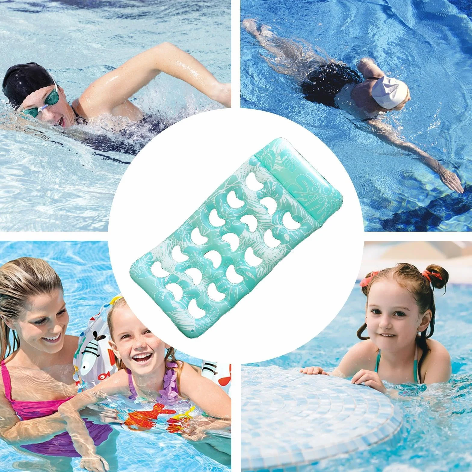 Flotteur De Repos pour Piscine Gonflable avec Tête Intégrée Radeau Imperméable Motif Feuille