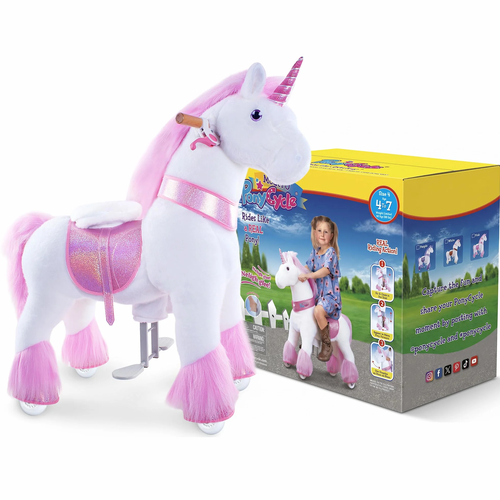 PoneyCycle Officiel Classique Modèle U Licorne Rose Jouet en Peluche sur Roues avec Frein et Son Hauteur 90cm Taille 4 pour 4-7 Ans