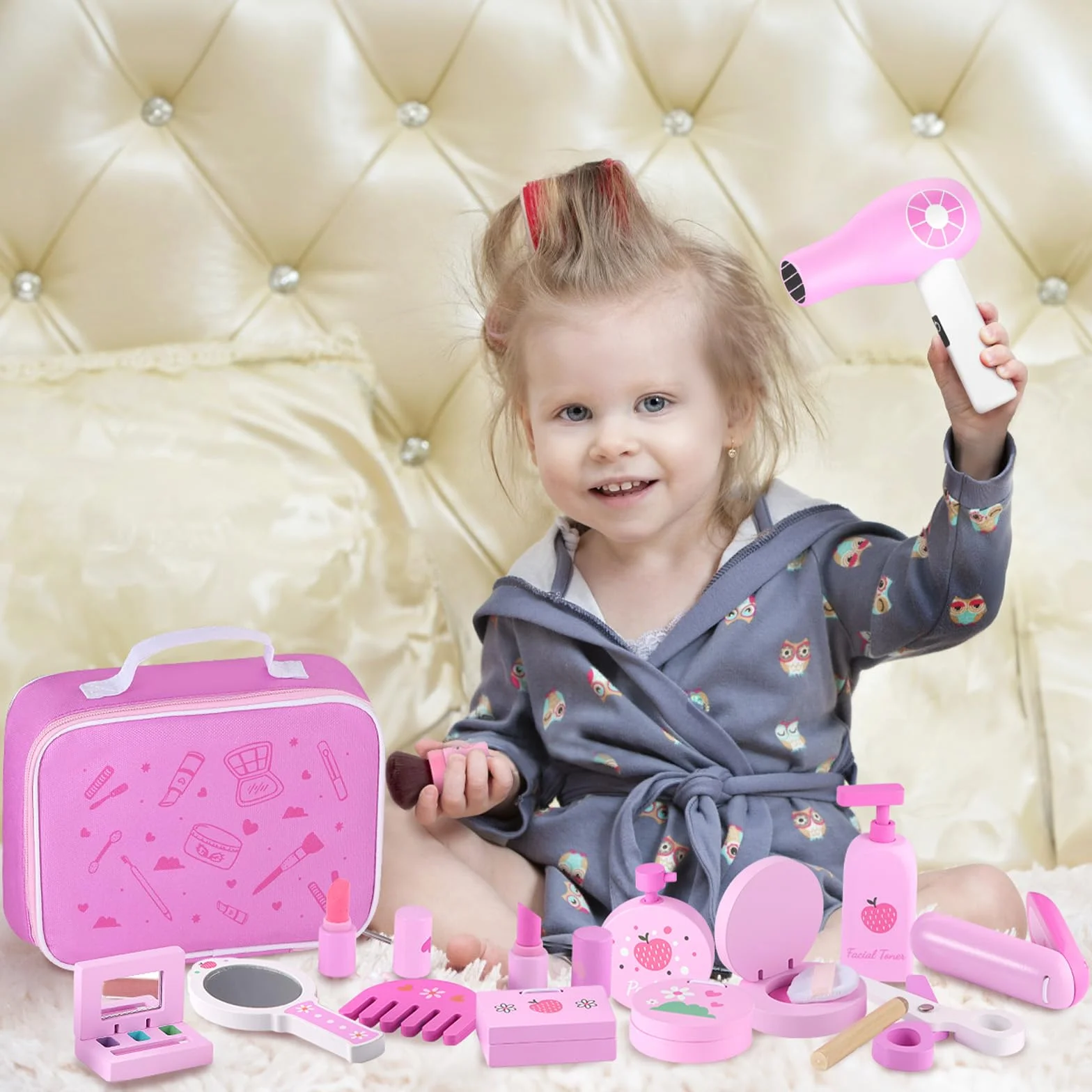 GAGAKU Set de Maquillage en Bois pour Enfants Montessori Jouets Makeup avec Sèche-Cheveux Miroir
