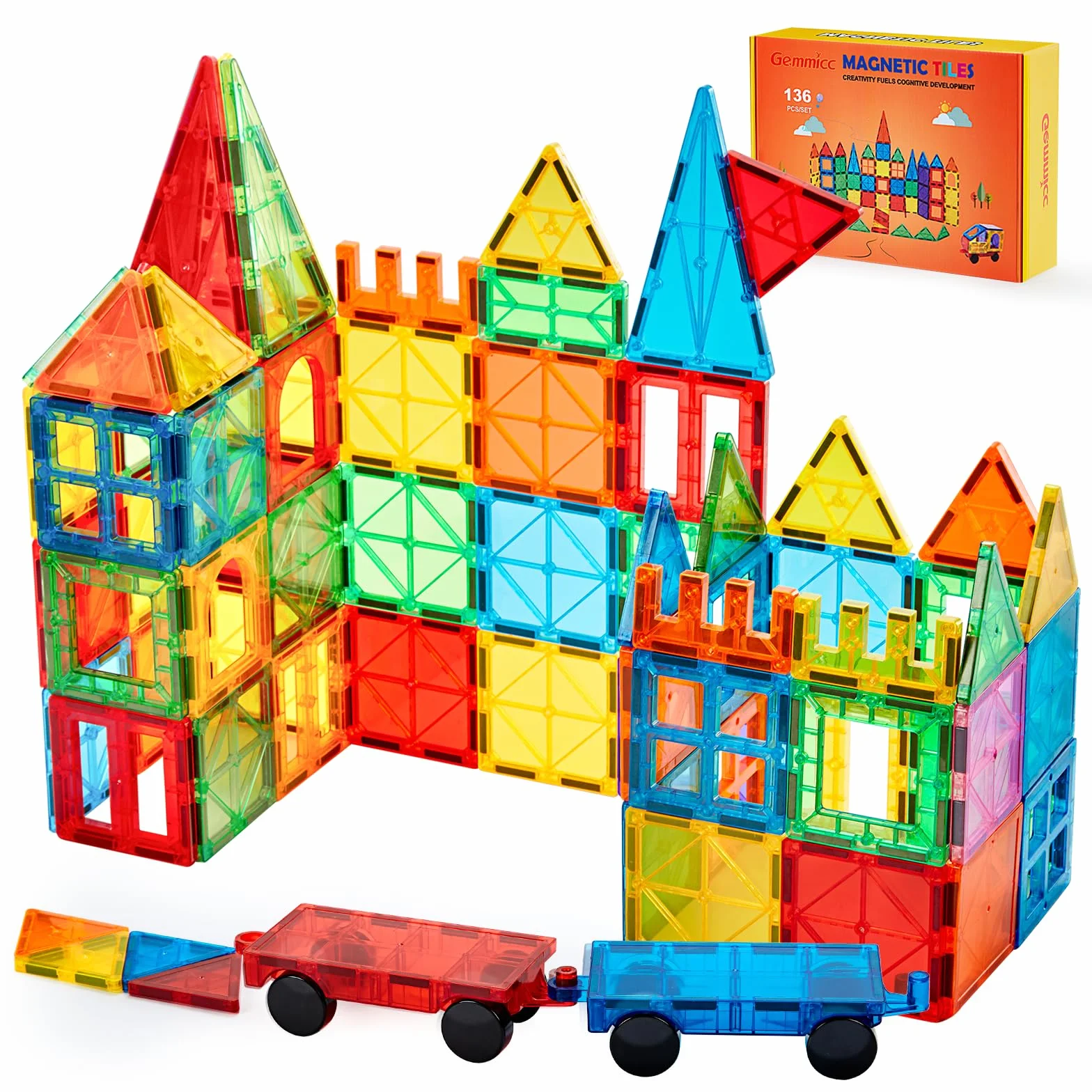 Gemmicc Tuiles Magnétiques Set Deluxe 136 Pièces Construction Magnétique 3D avec 2 Voitures